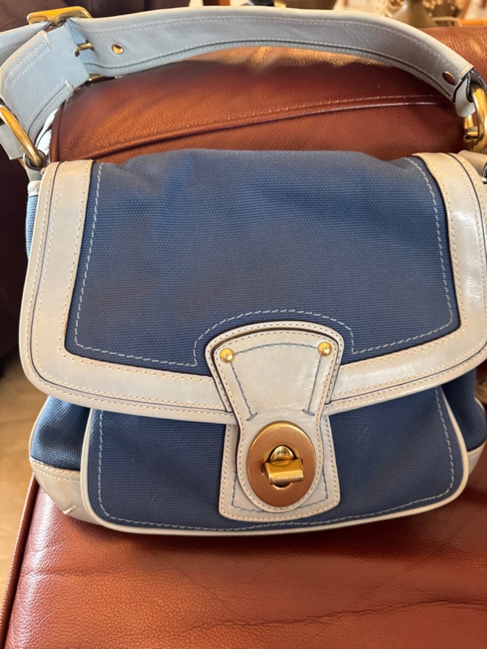 Coach Blue and White Canvas Shoulder Bag with Gold-Tone Turn-Lock